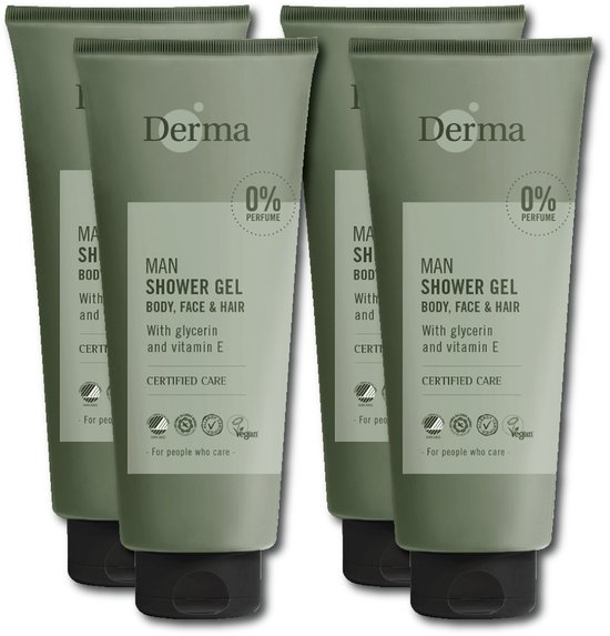 Derma Man Douchegel 3-in-1 - Voor Lichaam Gezicht en Haar - Voor Gevoelige Huid - Met Vitamine E en Glycerine- Parfumvrij - 4 x 350 ml