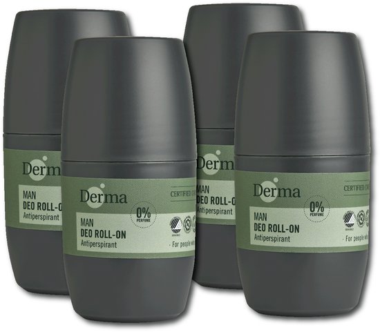 Derma Eco Man - Deodorant Roll-on - Anti-transpirant deodorant - Langwerkende bescherming - Parfumvrije - voor Gevoelige huid - 4 x 50 ML