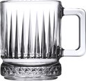 Doorzichtige glazen bierpul met verticale ribbels en een decoratieve kristallen rand aan de onderkant.