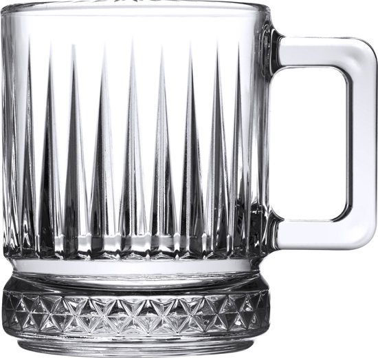 Doorzichtige glazen bierpul met verticale ribbels en een decoratieve kristallen rand aan de onderkant.