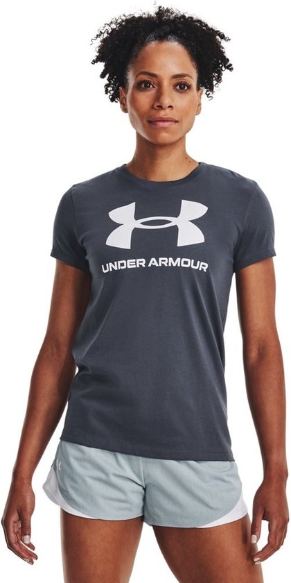 Under Armour Damen T-Shirt UA Kurzärmliges Sportstyle-Oberteil mit Grafik Downpour Gray-M (US MD)