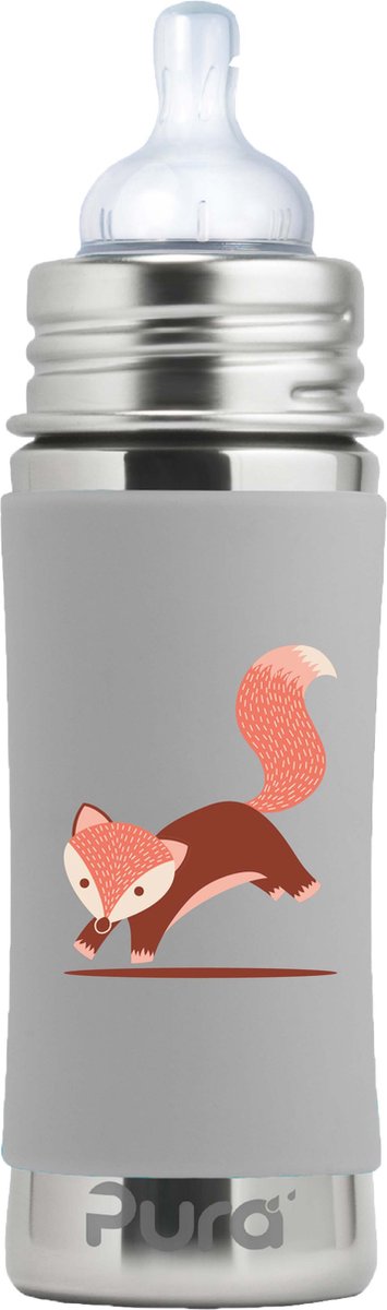 Pura Speenfles 325 ml - Plasticvrij - Drinkfles - Voorkomt Maagkrampen - Vaatwasserbestendig - Inclusief Siliconen Speen, Reisdop en Sleeve - Top is Verwisselbaar - Veelzijdig - Grijze Vos