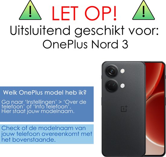 Donkergrijs OnePlus Nord 3 telefoonslot met cameralens en tekst 'LET OP! Uitsluitend geschikt voor: OnePlus Nord 3'.