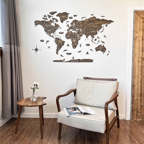IWA Concept - Wereldkaart 3D en bois - Décoration murale - Wereldkaart - Panneau mural en bois - Accessoires de vêtements pour bébé de bureau - Cadeau de pendaison de crémaillère - Décoration murale - Medium - 100x54 CM