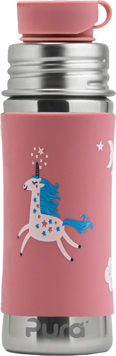 Pura Sportfles 325 ml - Drinkfles - Bidon - Plasticvrij - Roest Niet - Vaatwasserbestendig - Inclusief Sportsleeve en Sportdop - Top is Verwisselbaar - Veelzijdig - Roze Unicorn