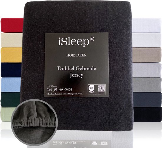 iSleep Dubbel Gebreide Jersey Hoeslaken - Hoge Hoek - Rondom Elastiek - Litsjumeaux XL - 190x210/220 cm - Zwart