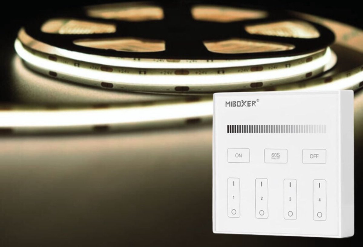 LED Strip COB - 10 Meter - Complete Set - 4000k - Neutraal Wit - 24V - 480LED/m - Met Draadloze Mi-Light(MiBoxer) Touch Wandbediening(Wit)