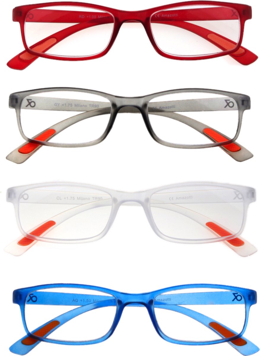 Amazotti Milano Leesbrillen Sterkte +1.50 - Set van 3+1 Extra - Rood, Grijs, Transparant - Leesbril voor Heren en Dames