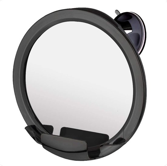 Douchespiegel met zuignap - scheerspiegel voor de douche met scheerhouder, anticondens, spiegel condensvrij rond 20 cm (zwart)