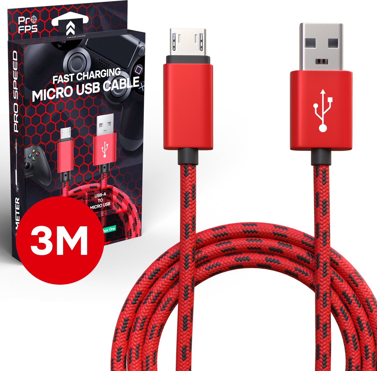 ProFPS Gaming Snellader - 3 Meter Micro USB Oplader - Rood/Zwart Nylon Gevlochten Oplaadkabel - USB A naar Micro USB Datakabel - eSports Accessoires