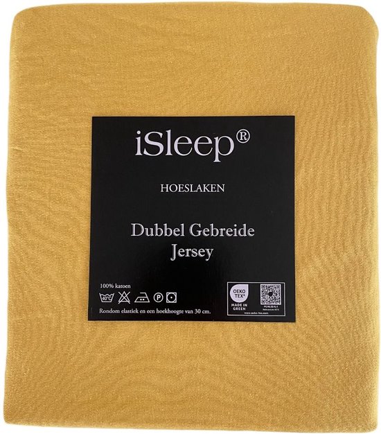 Okergele Dubbel Gebreide Jersey hoeslaken van iSleep, 130/140x200 cm, met label.