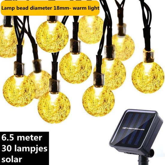 Lichtsnoer op zonne-energie - Buitenverlichting - Glazen Kristallen Bollen - Warm Wit Licht - 6.5m - 30 LED-lampjes