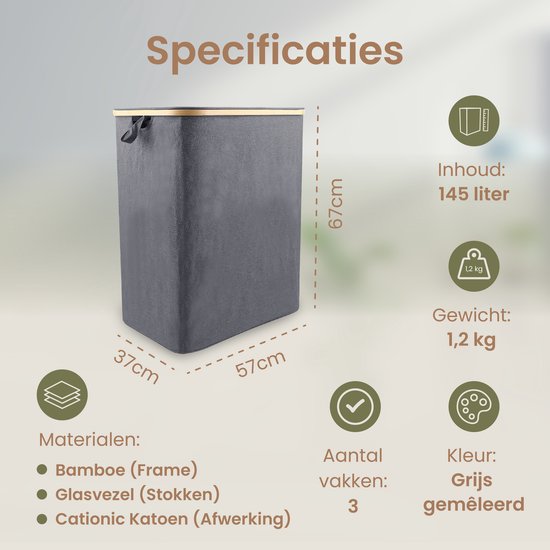 VOUNOT Wasmand met Deksel 145L, Opvouwbare Wasemmer 2 Compartimenten & Verwijderbare Waszakken, Wasmanden Wasbox Smal, Beige