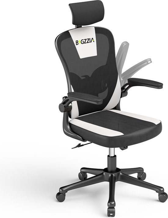 Chaise de bureau - Chaise ergonomique avec accoudoirs 2D, appui-tête réglable en hauteur, dossier de soutien lombaire - Zwart et blanc