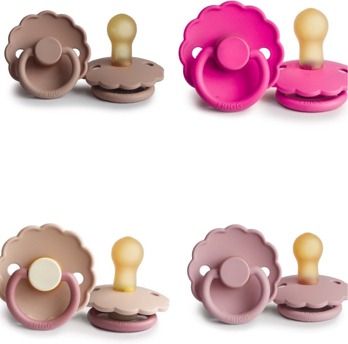 Goedkoopste Frigg Daisy Fopspeen set 4 stuks Fuchsia,Baby Pink,Blush en Bloom Peony 0-6 maand maat 1