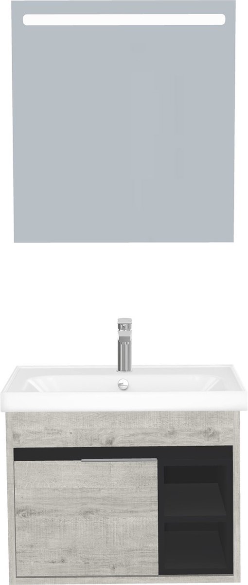 Aachen Badkamermeubel Set 65 cm Lissabon – Met LED Spiegel, Softclose Semi-Handgreep, 1 Deur, Keramische Wastafel