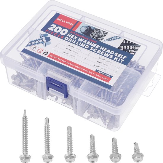 Belle Vous Roestvrijstalen #8 Assortiment TEK Zelfborende Schroeven (200 Stuks) - 6 Maten Zeskantige Sluitringkopset - Zelftappende Dakplaat, Metaal, Hout, Bouw- en Constructieschroevenset
