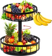 Fruitmand zwart, 2 etages, fruitschaal, etagère groot voor meer ruimte op het werkblad, fruitschaal, opbergrek voor het bewaren van groenten en fruit