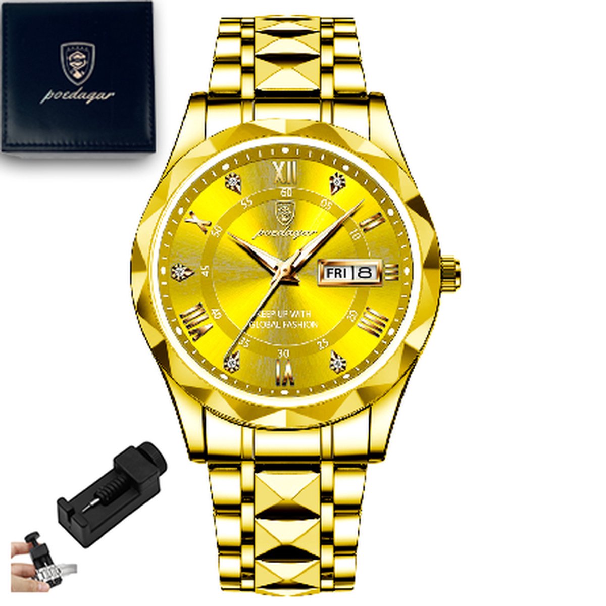 Horloge voor heren Mannen horloge - Heren horloge - Goud - Horloge heren - Waterdicht - 42 mm - Incl. Opbergdoos & Verkleiner - Poedagar