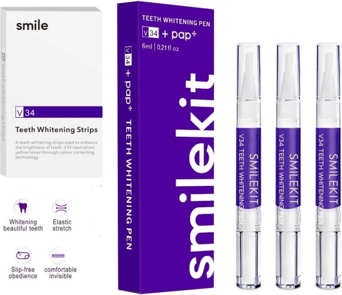 Smilekit - Tandenbleekset - V34 Colour Corrector Strips & V34 Colour Corrector Pen - Witte Tanden - Paarse Tandpasta - Teeth Whitening - Hismilekit - Kleurcorrector- - Hismile - hismilekit - smilekit