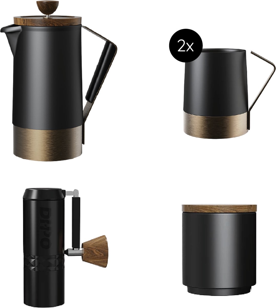 DHPO Koffie Set Duke XL - Zwart - H20 x Ø10 - Hooggebakken Keramiek - RVS - Dubbelwandig - Druppelloze tuit - Verse Koffiemaker - Cafetiere - Percolator - Zet 3 kopjes verse koffie - Cadeauset - Inclusief Reiskoffer