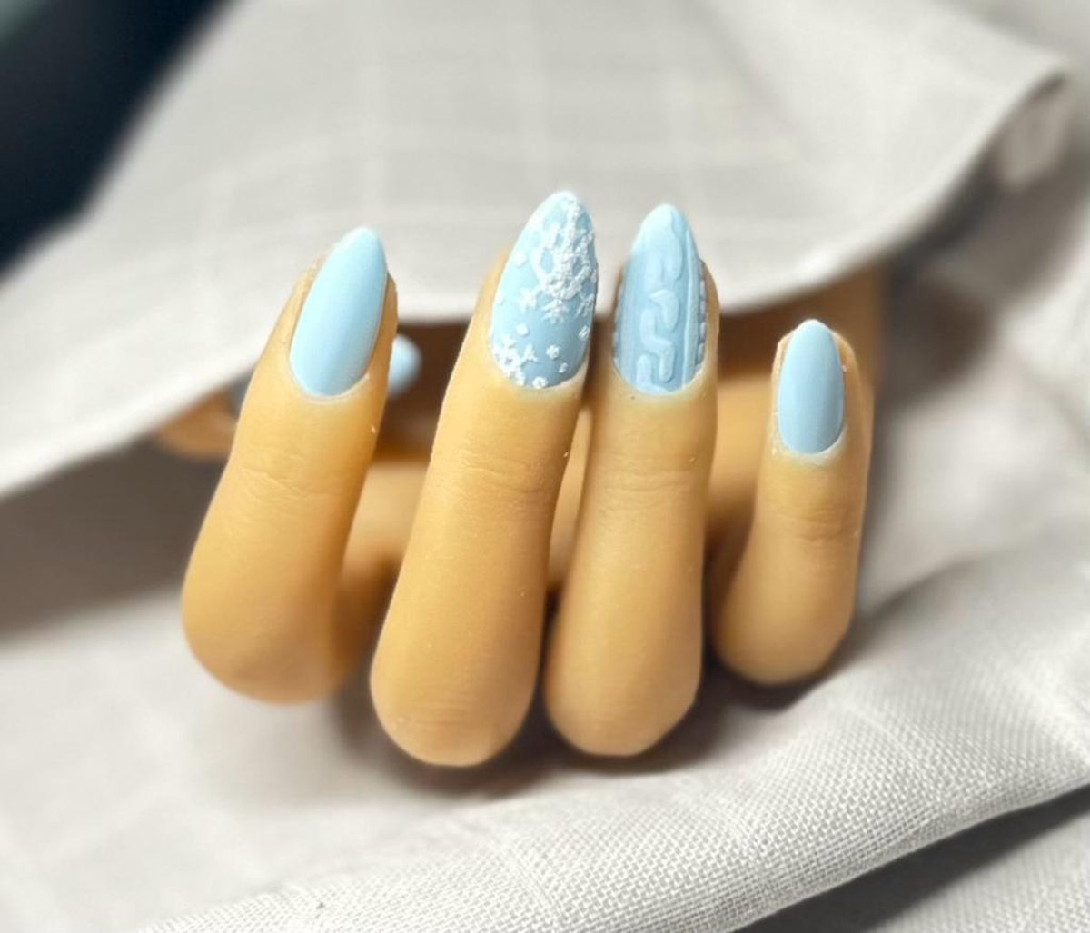 Press On Nails Nep Nagels Sneeuwvlok Kerstmis Baby Blauw Almond Medium Manicure Plak Nagels Kunstnagels Herbruikbaar