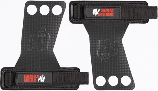 Zwarte Gorilla Wear carbon grips met drie vingergaten en een gorilla logo.