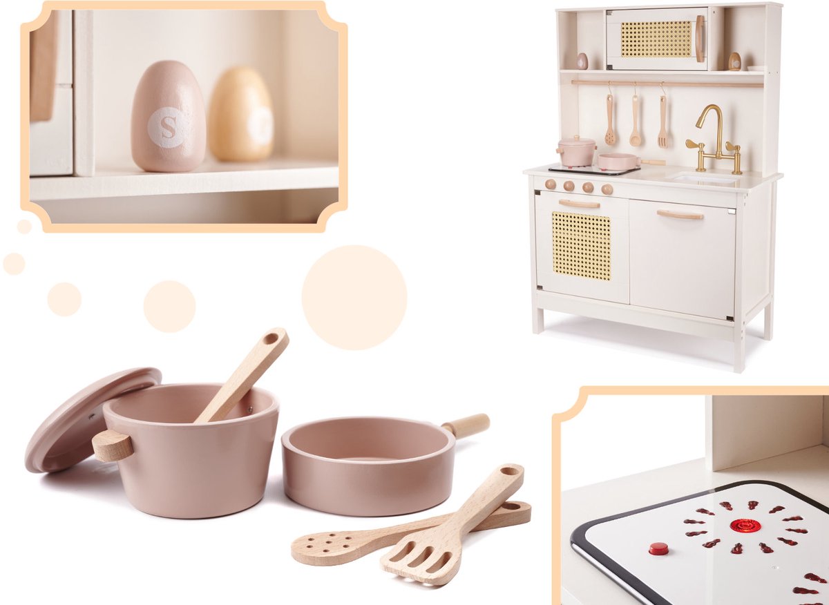 Playos® - Houten Speelkeuken - Wit / Roze - Inclusief Accessoires - 68 x 29 x 100 cm - met Licht en Geluid - Kinderkeuken - Speelgoed Keukentje - Rollenspel Speelgoed - Educatief — afbeelding 9