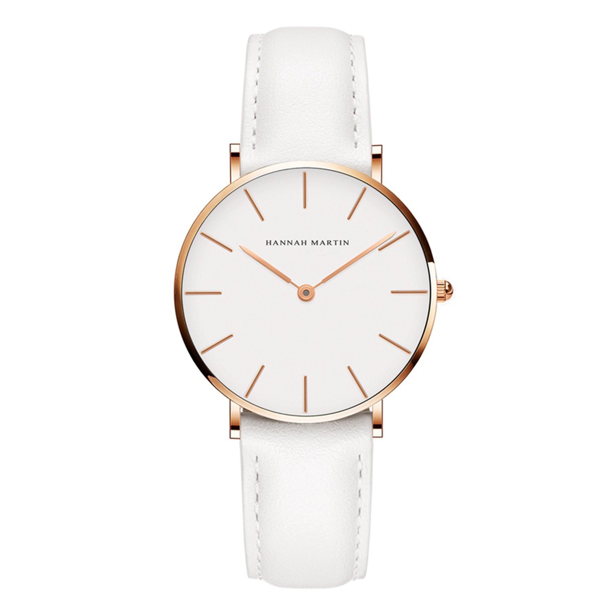 HANNAH MARTIN horloge met witte lederen polsband, witte wijzerplaat, gouden horlogekast en gouden wijzers voor dames met stijl ( model CB36 FB )