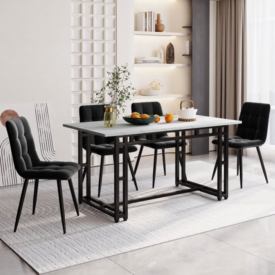 Table à manger noire avec 4 chaises ensemble 140x80cm- ensemble de table à manger de cuisine moderne-chaises de salle à manger en velours noir-table en fer noir