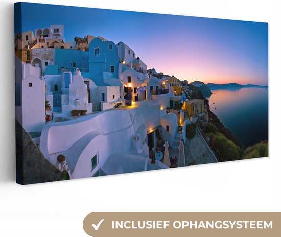 Canvas Schilderij Vissersdorp Oia bij Santorini Griekenland met zonsopkomst - 80x40 cm - Wanddecoratie