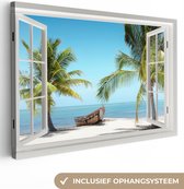 Doorkijk schilderij - Wit strand - Palmboom - Boot - Zee - Blauwe lucht - Tropisch - Canvas doorkijk - Wanddecoratie - 120x80 cm