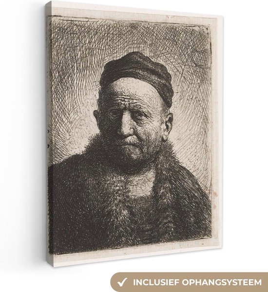 Canvas Schilderij De man met kalotje - Rembrandt van Rijn - 60x80 cm - Wanddecoratie