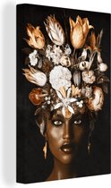 Canvas Schilderij Vrouw - Bloemen - Zwart - 40x60 cm - Wanddecoratie