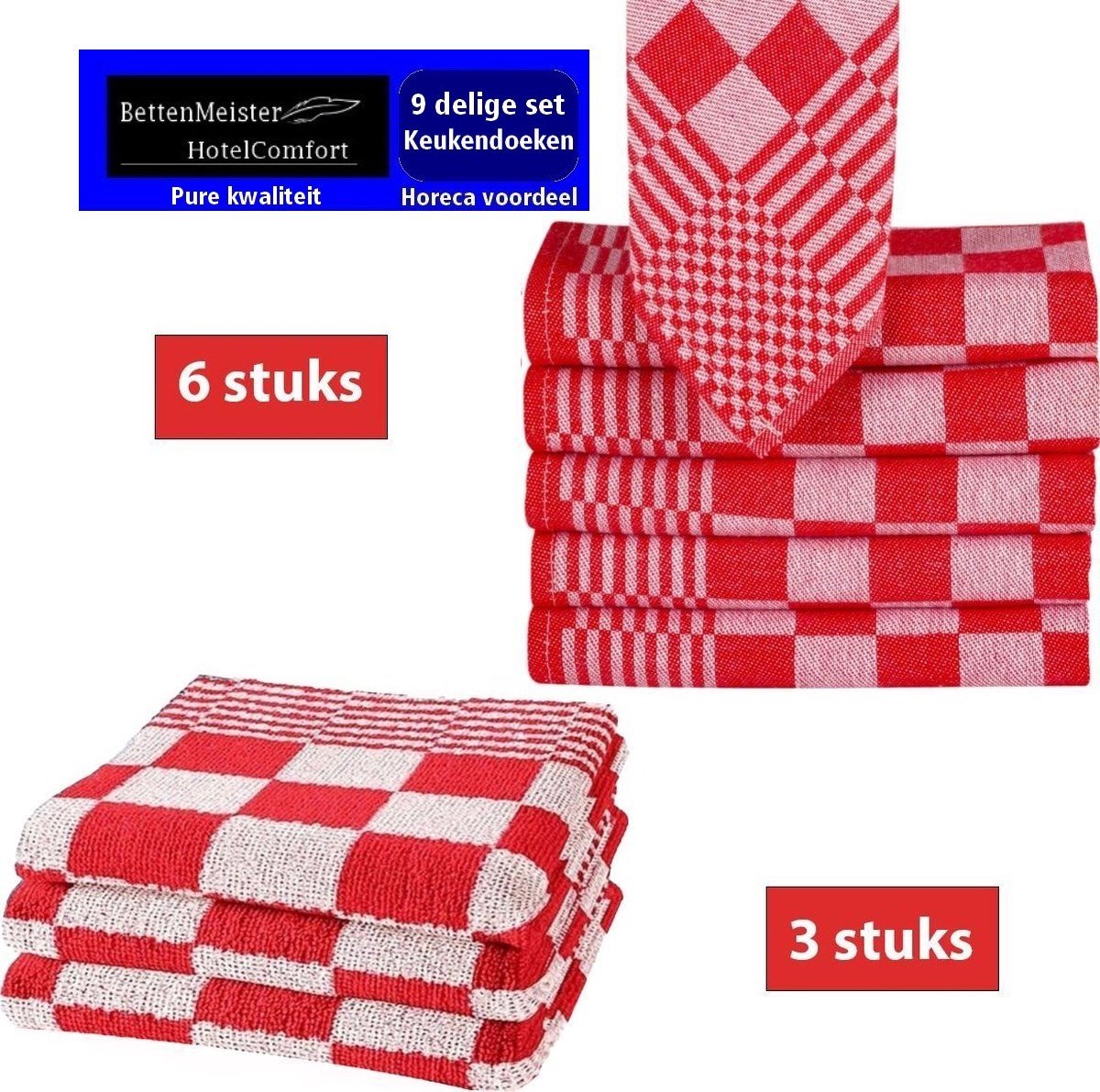 9-delige sets keukendoeken rood/wit - 6 x theedoeken 65x65cm + 3 keukenhanddoeken 5x50cm
