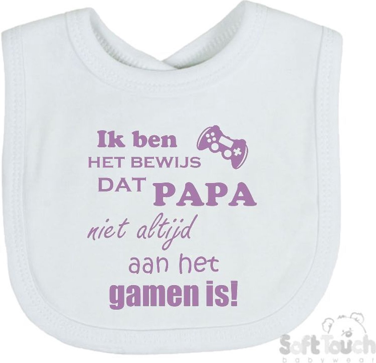 Goedkoopste Soft Touch Slabber Slabbetje Slab Ik ben het bewijs dat papa niet altijd aan het gamen is! Unisex Katoen Wit/lila Maat 33x22 Cm