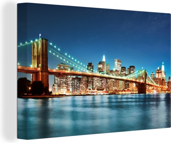 Canvas schilderij - New York - Brug - Brooklyn - Water - Architectuur - Licht - Woonkamer - 60x40 cm - Canvas - Canvas doek - Muurdecoratie