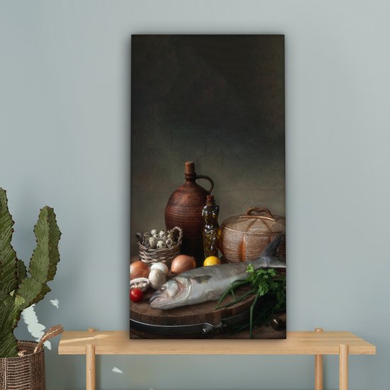 Peinture sur toile rustique - Poisson - Nature morte - Légumes - Herbes - 40x80 cm - Décoration murale