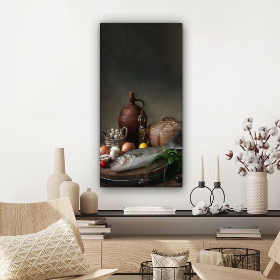 Peinture sur toile rustique - Poisson - Nature morte - Légumes - Herbes - 40x80 cm - Décoration murale