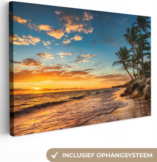 Foto: Canvas schilderij zonsondergang strand en zee 120x80 kamer decoratie accessoires schilderijen woonkamer tropisch palmboom wanddecoratie slaapkamer muurdecoratie keuken wanddoek woondecoratie huis woonaccessoires