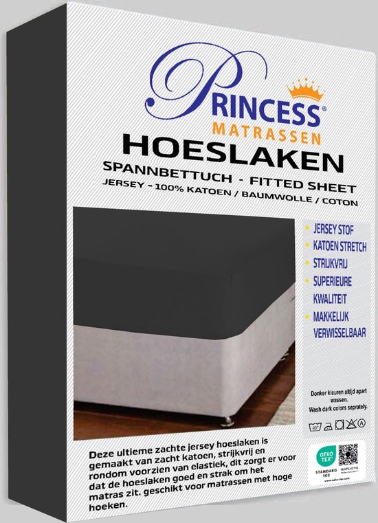 Het Ultieme Zachte Hoeslaken- Jersey -Stretch -100% Katoen-Lits-Jumeaux- 200x200+40cm- Antraciet  - Voor Boxspring-Waterbed