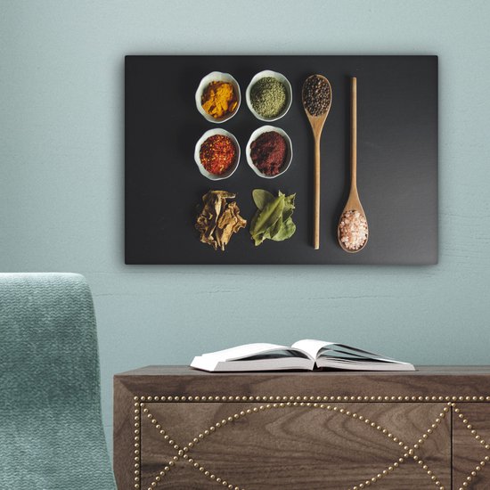 Toile Peinture Louche - Épices - Herbes - Vert - Marron - Rustique - 30x20 cm - Décoration murale