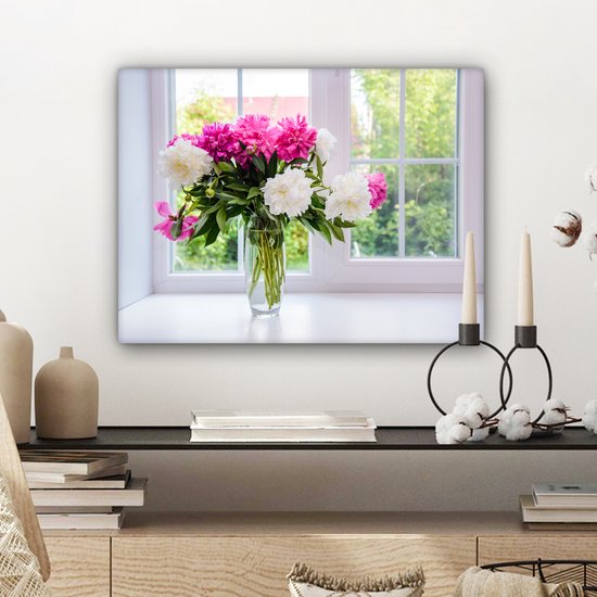 Canvas Schilderij Bloemen - Pioenrozen - Vaas - 40x30 cm - Wanddecoratie