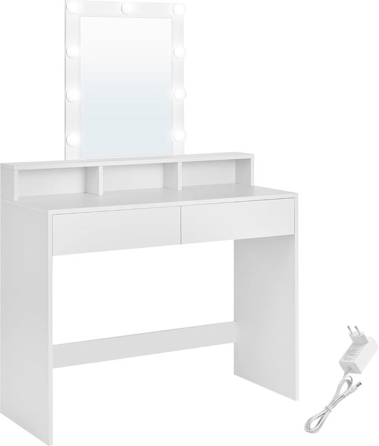 Coiffeuse, table de maquillage, coiffeuse avec LED, avec miroir, 2 tiroirs, 3 compartiments ouverts, table de maquillage, moderne, blanche