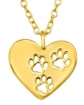Joy|S - Zilveren hartje hanger met dierenpootjes - inclusief ketting 45 cm - 14k goudplating - kat hond poot afdruk - voor kinderen