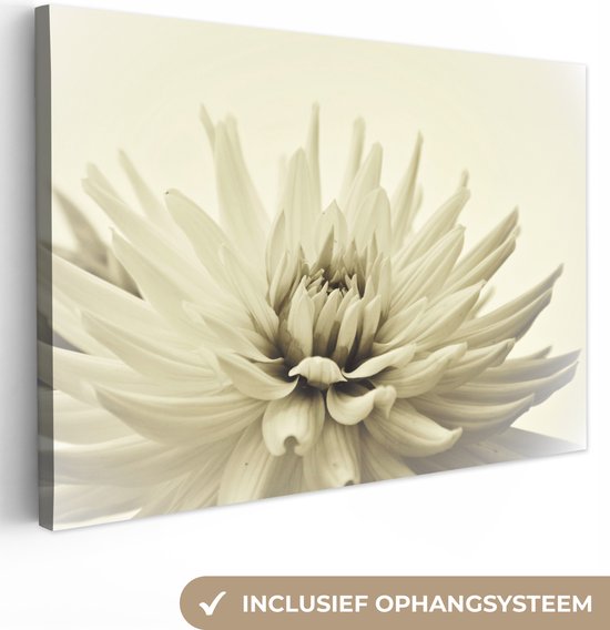 Witte dahlia bloem sepia  Canvas 30x20 cm - Foto print op Canvas schilderij (Wanddecoratie)