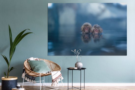 Canvas schilderij 180x120 cm - Wanddecoratie Japans - Apen - Water - Dieren - Landschap - Muurdecoratie woonkamer - Slaapkamer decoratie - Kamer accessoires - Schilderijen