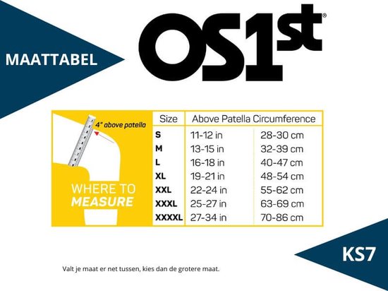 Maattabel voor de OS1st KS7 kniebrace, met instructies over hoe te meten.