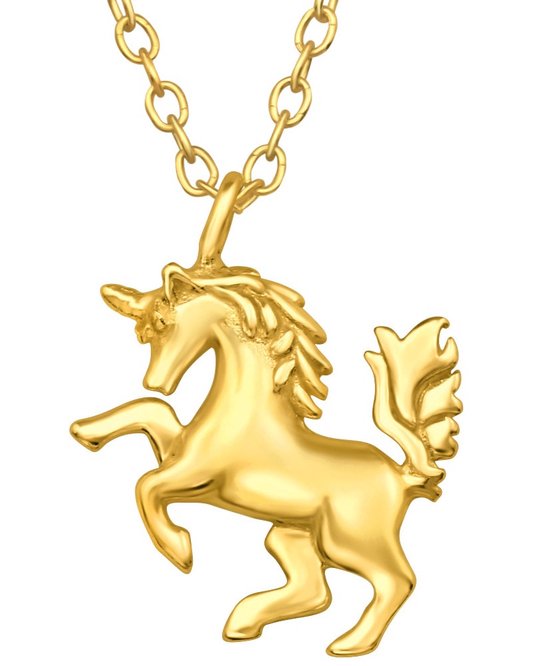Joy|S - Zilveren eenhoorn paard hanger met ketting - 39 cm met extra oogje op 36 cm - 14k goudplating - voor kinderen