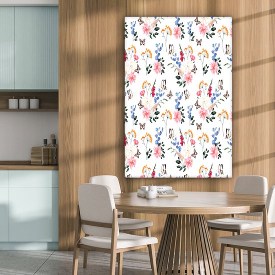 Tableau sur toile Fleurs - Papillons - Collage - 80x120 cm - Décoration murale